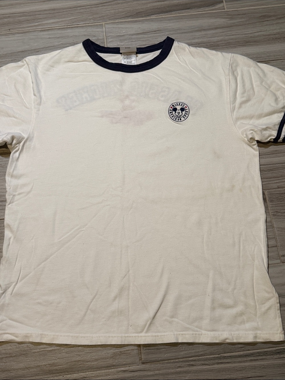 Disney White Ringer Tee with Navy Trim and Mickey Patch